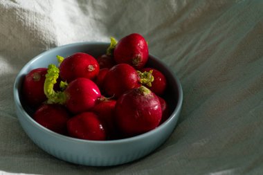 Yumuşak ışıklı bir kasede taze turplar, canlı renklerini ve taze dokularını sergiliyorlar. Gıda ile ilgili içerik ve sağlıklı yaşam tarzı temaları için ideal.