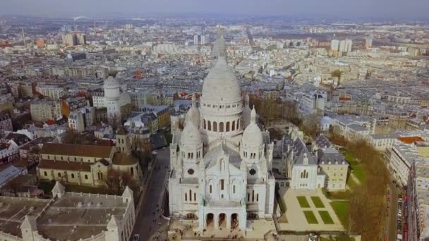 Lenyűgöző Légi Kinyilatkoztatás Szent Coeur Bazilika Bájos Montmartre Kerület Párizsban — Stock videók