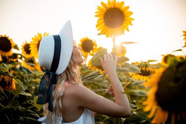 Beyaz şapkalı ve beyaz elbiseli bir kadın gün batımında ayçiçeği tarlasında duruyor, büyük bir ayçiçeğine dokunmak için uzanıyor..