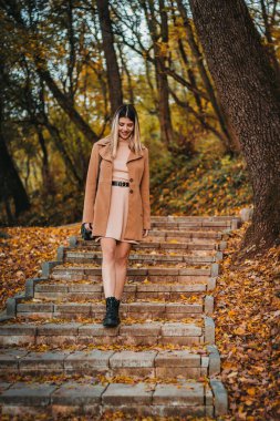 A woman walks down stone steps in a forest, wearing a brown coat and black boots. The ground is covered in autumn leaves. clipart