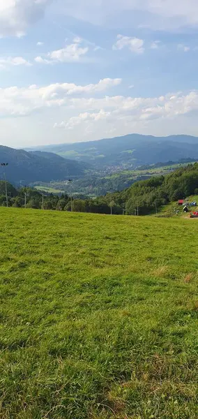 Pieniny Dağları 'ndaki Palenica Zirvesi' nden görüntü. Vadide bir köy. dağlar ve tepeler