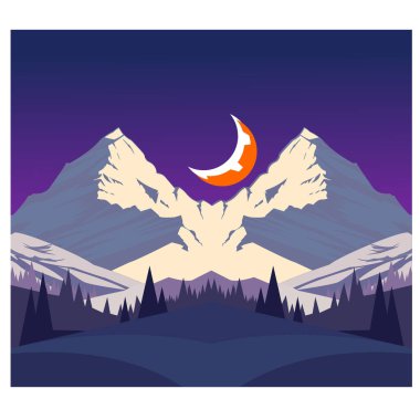 Geceleri hilal şeklinde ay olan dağlar. Vektör illüstrasyonu