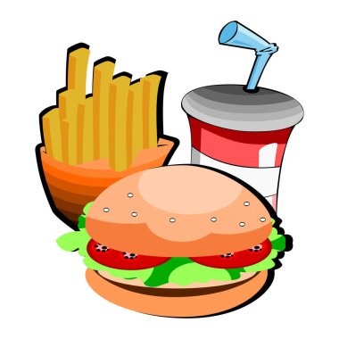 Fast food ikonu, hamburger ve patates kızartması. Vektör illüstrasyonu.