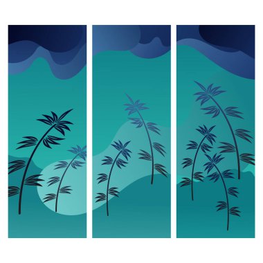 This abstract nature inspired artwork features three vertical panels showcasing stylized bamboo stalks swaying in the wind against a backdrop of rolling hills and a setting sun clipart