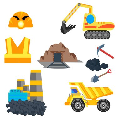 İnşaat simgeleri düz bir şekilde dizilmiş. İnşaat malzemeleri. Kazıcı, kazıcı, çöp kamyonu, maden, vinç, kazıcı, kamyon..