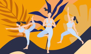 Yoga pozlarının vektör çizimi. Stüdyoda yoga yapan bir grup kadın..