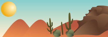 Desert landscape with cactuses and mountains. Vector illustration.