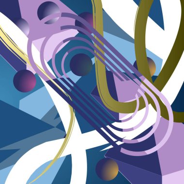 Soyut illüstrasyon, kıvrımlı çizgiler ve dairelerle renkli kompozisyon, dijital kompozisyon.