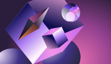 Soyut geometrik şekillerin mavi ve mor renklerde 3 boyutlu canlandırması.