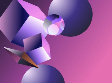 Üç boyutlu geometrik şekillerin soyut arkaplanı. Vektör çizimi. Mor ve mor renkler.