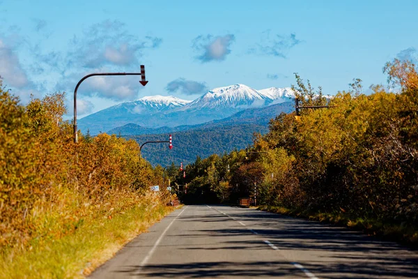 Karlı dağlar ve sonbahar yolu