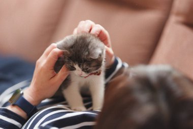 Evin sahibinin yanında kedi yavrusu var.