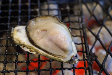 Japonya 'da kömür ızgara istiridye.