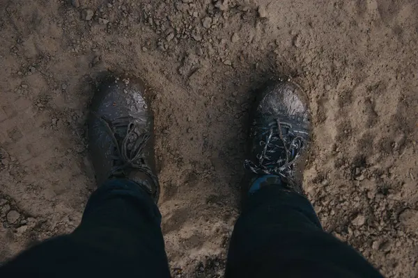 A pair of shoes, caked in mud, tell the tale of a daring adventure through a flooded European forest. High quality photo