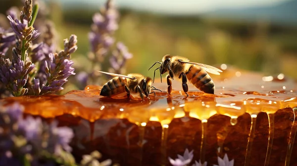 bees sit on honey against the background of a field in nature.Generative AI