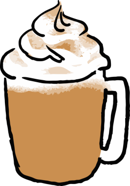 Tarçınlı kapuçino kahvesi ve beyaz arka planda çikolata. Kahve fincanı. Çizgi film tarzında vektör illüstrasyonu. Kremalı kahve fincanı.