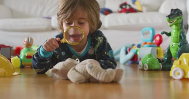 Roztomilý Čtyřletý Chlapec Pomocí Lupy — Stock video