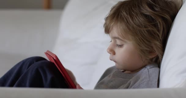 Glücklicher Junge Mit Tablet Auf Dem Sofa Den Sozialen Medien — Stockvideo