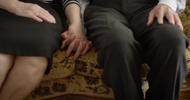 Elderly Couple Sits Side Side Hands Gently Clasped Symbolizing Enduring — Stock Video
