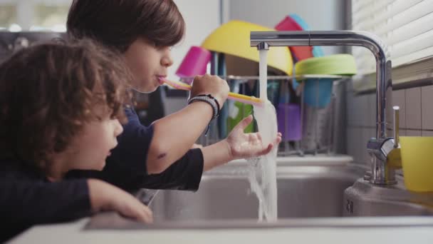 在现代化厨房的水槽里玩水时 小孩子们玩得很开心 他们在杯子里装满了水 — 图库视频影像