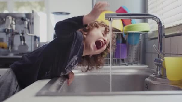 在现代厨房里 一个长着卷发的可爱男孩倾向于喝不锈钢水龙头中流动的水 背景是一个有着五彩缤纷的杯子的家用水池 — 图库视频影像