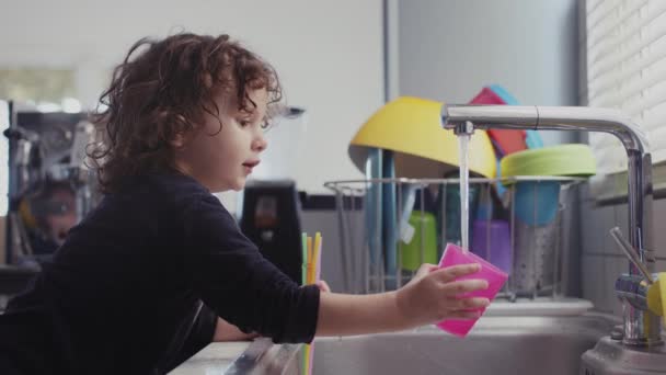 Young Child Having Fun Playing Water Sink Modern Kitchen Fills — Stock Video