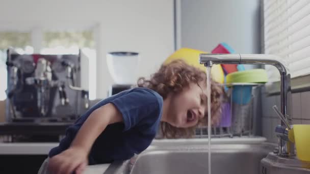 在现代厨房里 一个长着卷曲头发的可爱男孩靠在不锈钢水龙头上喝着流动的水 侧视图 — 图库视频影像