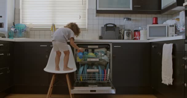 男の子はスツールの上に立ち 開いた食器洗い機に到達し 慎重に内側に皿を置き 家庭のキッチンセッティングで責任を示しています — ストック動画