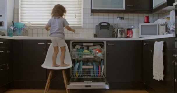 소년은 세척기에 도달하기 의자에 조심스럽게 요리를 설정에서 책임을 보여주는 — 비디오