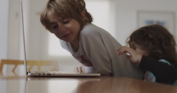 Two Small Boys Sitting Table Living Room Engrossed Laptop Screen — Stock Video