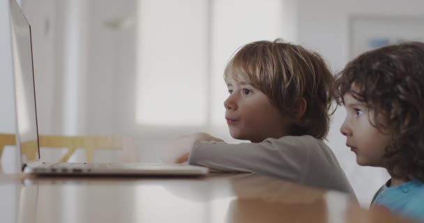 两个小男孩坐在客厅的桌子旁 全神贯注地坐在笔记本电脑的屏幕上 — 图库视频影像