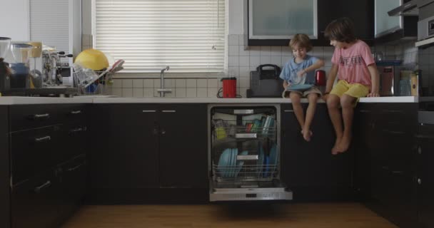 Two Kids Sitting Countertop Collaborate Loading Dishwasher Sunlit Kitchen Showcasing — 图库视频影像