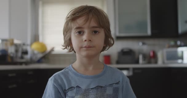 Ung Pojke Med Medellångt Hår Och Blå Skjorta Står Ett — Stockvideo