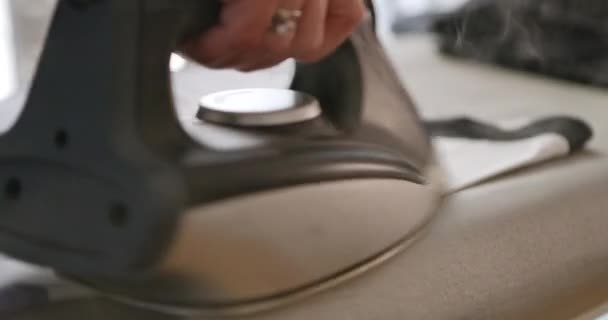 Woman Seen Pressing Heated Iron Fabric Meticulously Smoothing Out Wrinkles — Stock Video