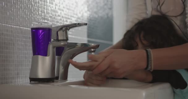 Young Boy Standing Bathroom Washing His Hands Running Faucet Soap — Stock Video