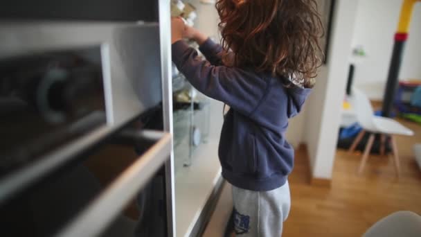 白髪の好奇心旺盛な子供が先端に立って明るく照らされたキッチンセッティングでオープン冷蔵庫に到達 — ストック動画