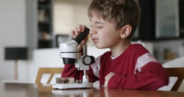 Ένα Νεαρό Αγόρι Έκφραση Συγκέντρωσης Κοιτάζει Μέσα Από Ένα Μικροσκόπιο — Αρχείο Βίντεο