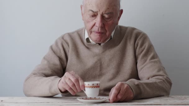 Senior Gentleman Enjoys Cup Traditional Turkish Coffee Taking Moment Tranquility — стоковое видео