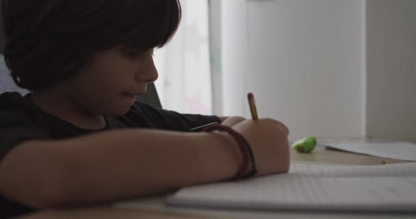 Young Boy Leans His Desk Engrossed His Homework Pens Papers — Stock Video