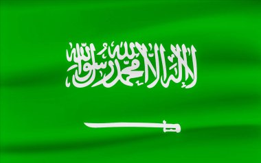 Beyaz Arapça yazı ve kılıçla yeşil arka planda dalgalanan Suudi Arabistan Bayrağı