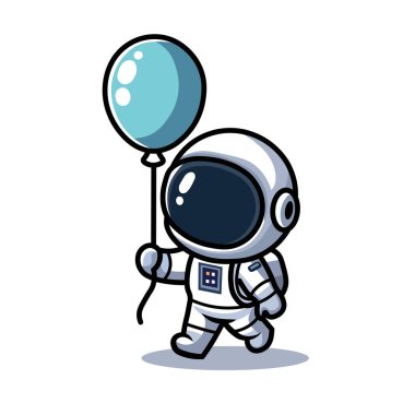 Mavi Balon Tutan Mini Astronot Çizgi Filmi, Neşeli Keşif Sembolü 