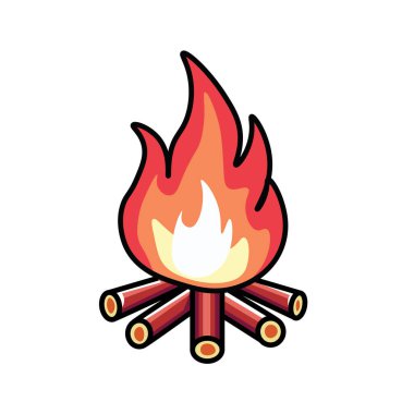 Kükreyen Şenlik Ateşinin Çizimsel Vektör Karikatürü, Alevlerin Karmaşık Detayları, Ahşap ve Kamp Teması İçin Mükemmel