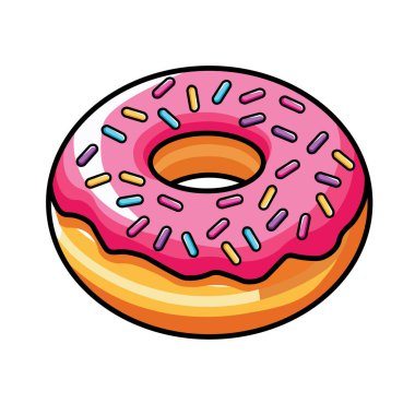 Çilekli Donutun Çizimsel Vektör Çizgi Filmi Gökkuşağı Serpiştirilmiş