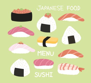 Somon suşi, onigiri pilavı, karides suşisi, Japon yemeği, çıkartması, restoranı, Asya atıştırmalığı, tarifi, yemek ve atıştırmalık menüsü, süpermarket alışverişi, market, sosyal medya, mutfak, baskı, ikon, logo