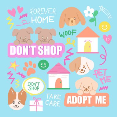 ADOPT, Don 't Shop simgesi kurtarma hayvanı, hayvan, veteriner, çıkartmalar, sosyal medya paylaşımları, dekorasyonlar, sonsuza dek ev, baskı, afiş, çizgi film karakteri, maskot, sevimli yamalar, logo, kart, dövme, reklamlar, köpekler, pati arkadaşı, broşür, standee, broş, logo