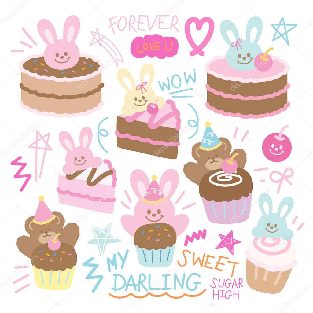 Cakes and cupcakes with bunny rabbit and teddy bear for birthday party, stickers, cartoon character, sweet dessert logo, food icon, menu, recipe, bakery, pastry, cafe, restaurant, easter, celebration, pet shop, baking book, card, print, cute patches
