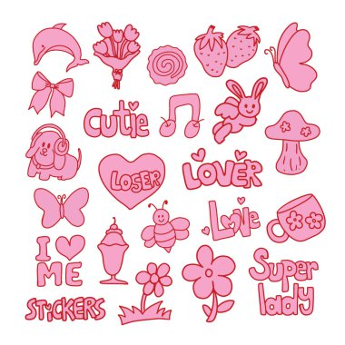 Pink elements with red outline of rabbit, dog, bee, butterfly, dolphin, strawberry, ice cream, heart, flowers for cute animal stickers, tattoo, fabric print, logo, icon, dessert, ad, card, children pattern, toy, doll, cartoon character, comic, easter clipart