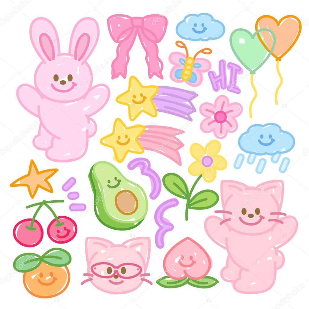 Cute pastel elements with kid colouring style of rabbit, butterfly, cat, cherry, avocado, peach, pink ribbon, cloud, flower, shooting star, balloon for animal sticker, fruit icon, food logo, picnic, summer, pet, easter, cartoon, character, plush toy