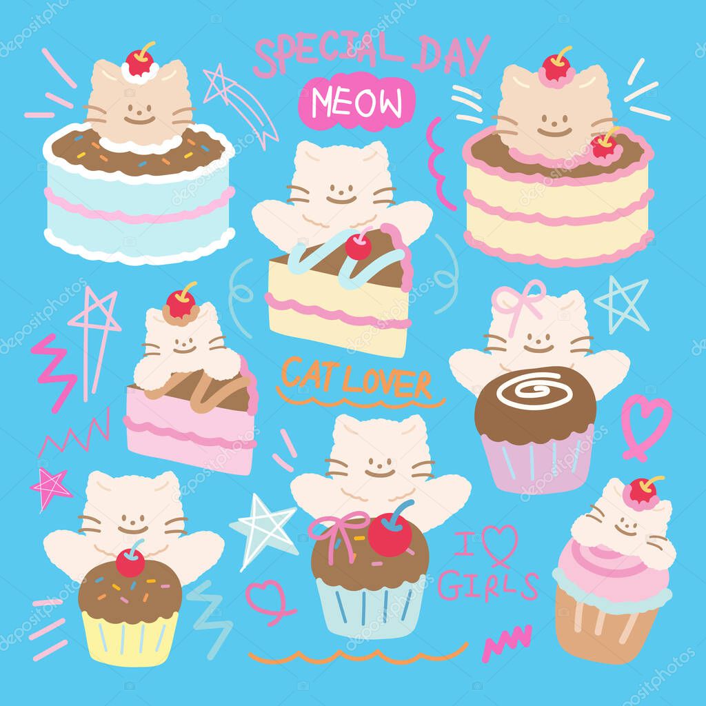 Cakes and cupcakes with cat for birthday card, party icons, logo, pet, pet shop, vet, pet food, animal sticker, cartoon character, comic, mascot, plush toy, doll, pastel patches, sweet dessert, cafe, restaurant, menu, recipe, brooch, baking book