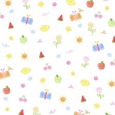 Çizim, elmanın çocuk boyama tarzı, karpuz, kiraz, limon, güneş, kelebek, yaz arkaplanı için çiçek, duvar kağıdı, çocuk kumaşı baskısı, reklam şablonu, arkaplan, hediye paketi, ambalaj, meyve, piknik, market alışverişi, süpermarket, giysi,